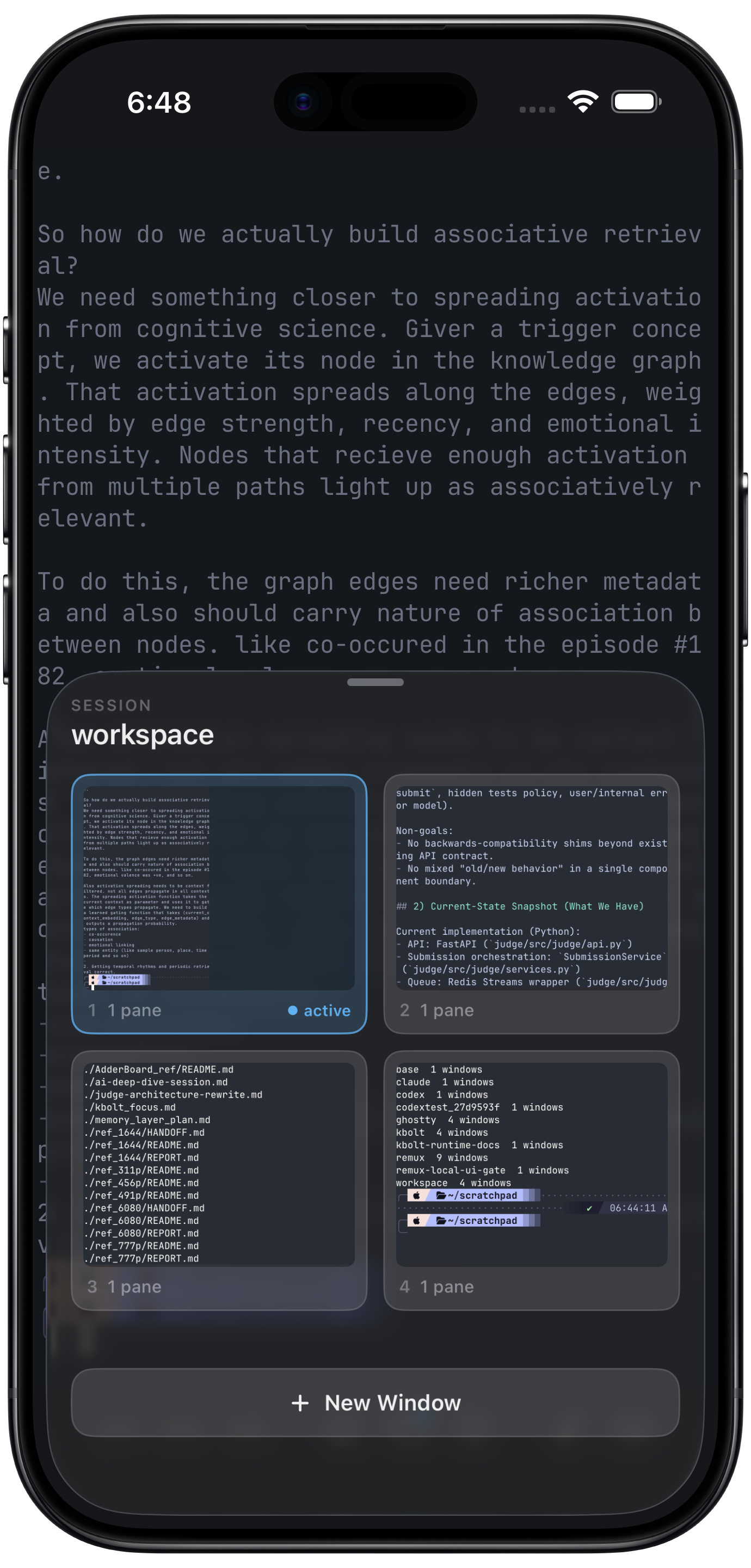 Remux showing the tmux window and pane switcher